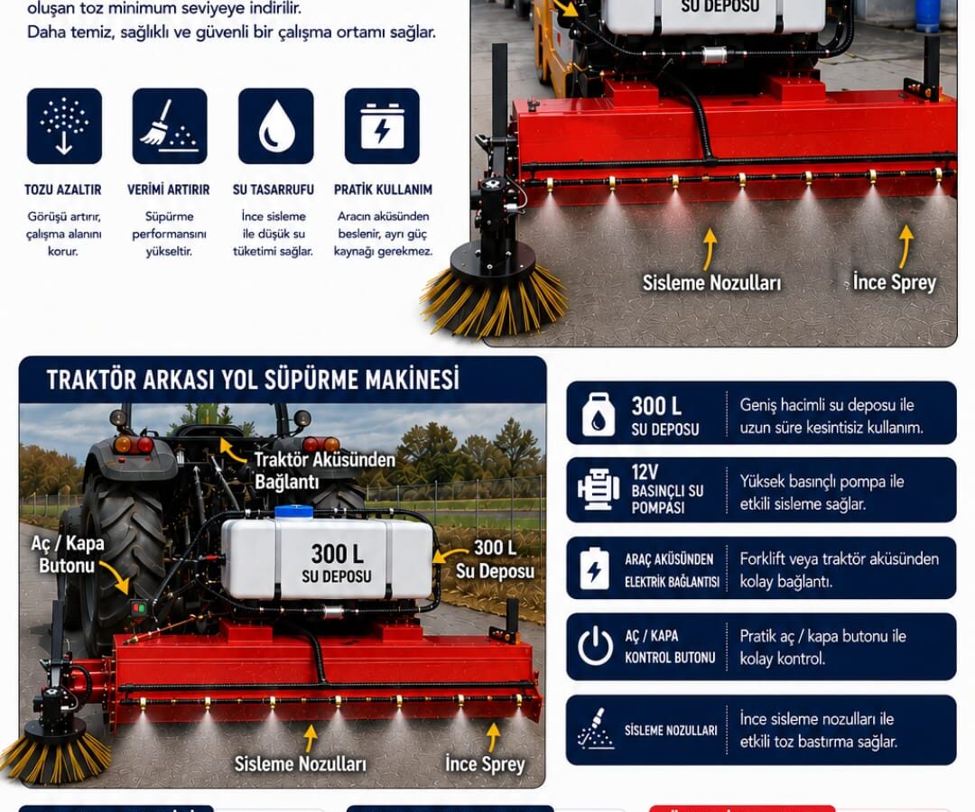 traktör arkası süpürge sulama sistemli